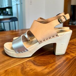 Two-tone silver and tan No. 6 sandals size 38 (7 1/2).
